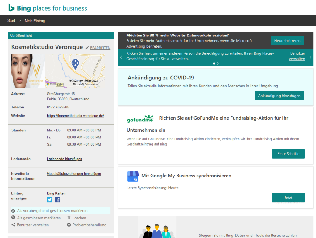 Bing places Synchronization mit Google Unternehmenseintrag