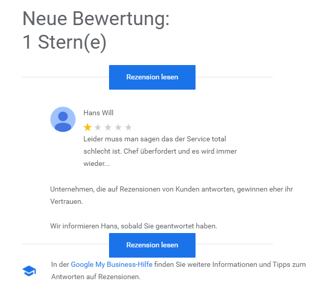 Screenshot: Bewertungs-Bashing im Google-Unternehmenseintrag