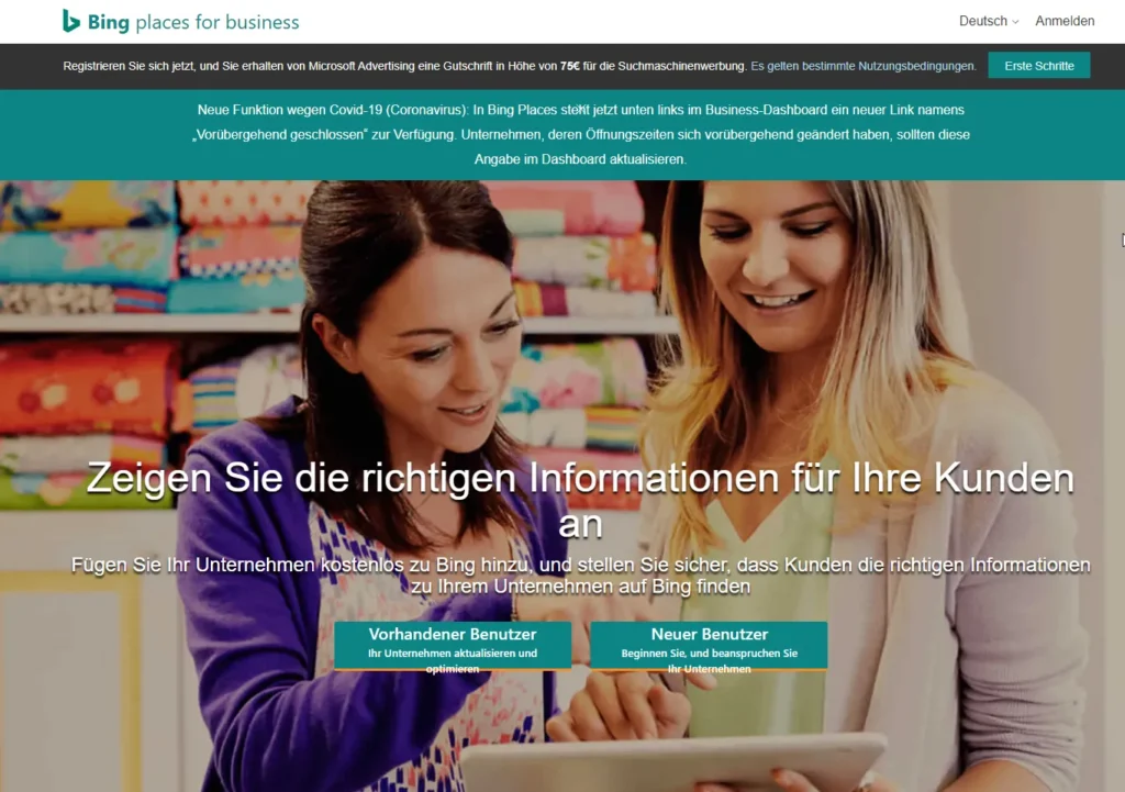 Bing places ist das gleiche, wie der Google-Unternehmenseintrag