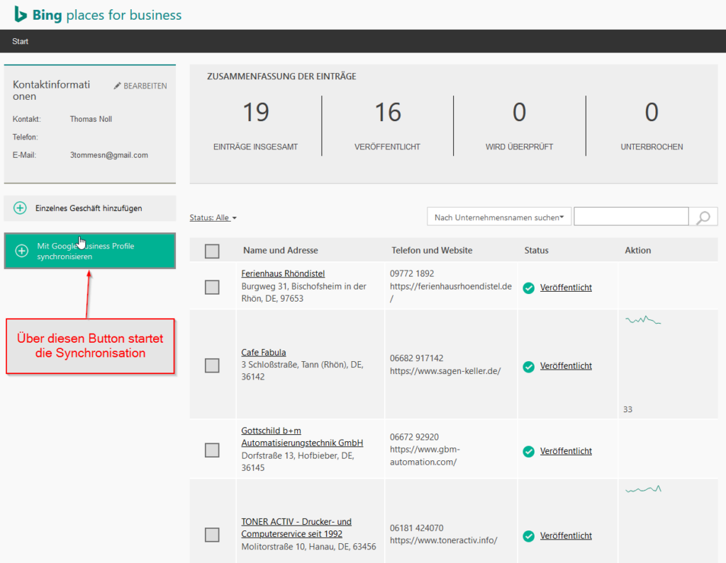 Synchronisation Bing places mit Google Unternehmenseintrag