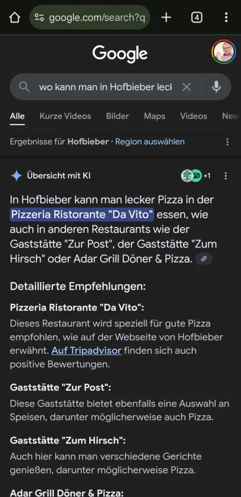 Screenshot der KI-Ansicht in der Google-Suche am Smartphone
