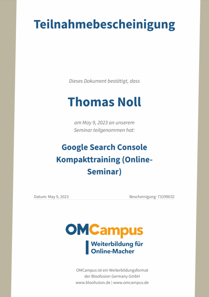 Teilnahmebescheinigung bloofusion campus Searchconsole 05 23