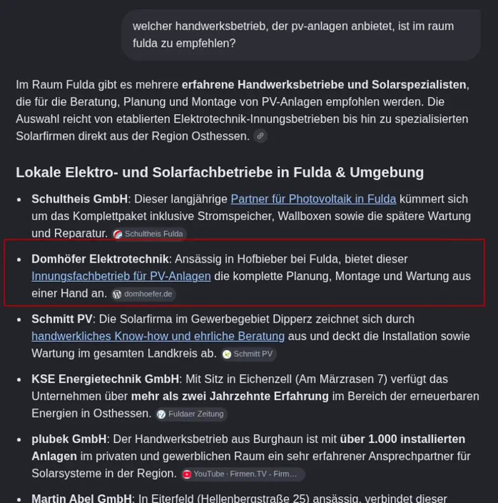 Beispiel KI-Suche für einen PV-Anlagen-Anbieter