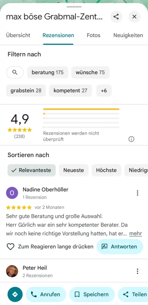 Bewertungen Beispiel in Google maps