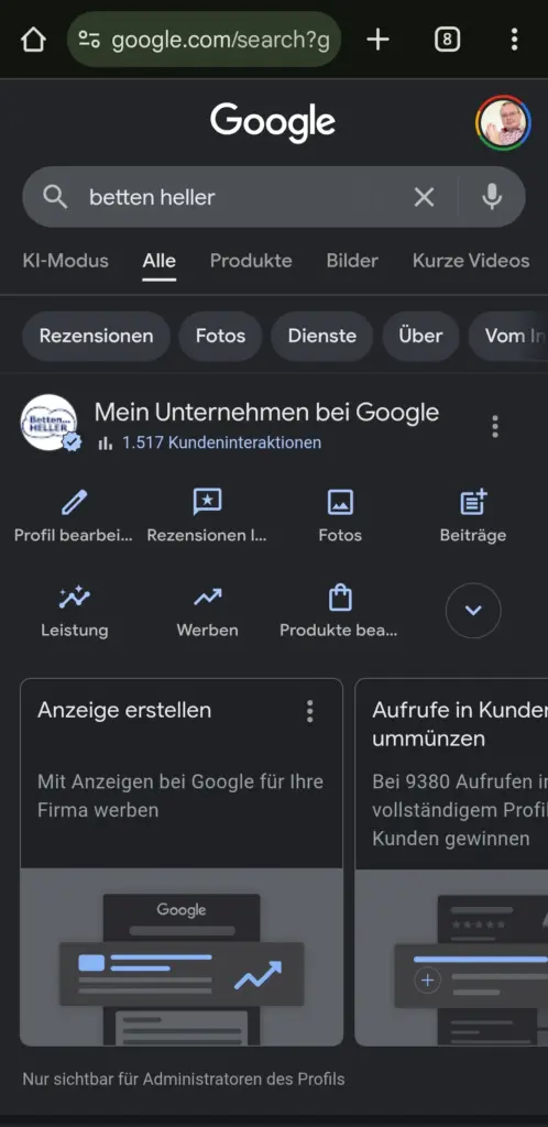 Screenshot Google-Branchen­eintrag mit Anmeldung